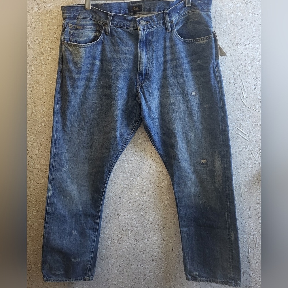 Polo Ralph Lauren Varick Slim Straight Mens Jeans 38x32 Medium Wash Distressed - Picture 13 of 14